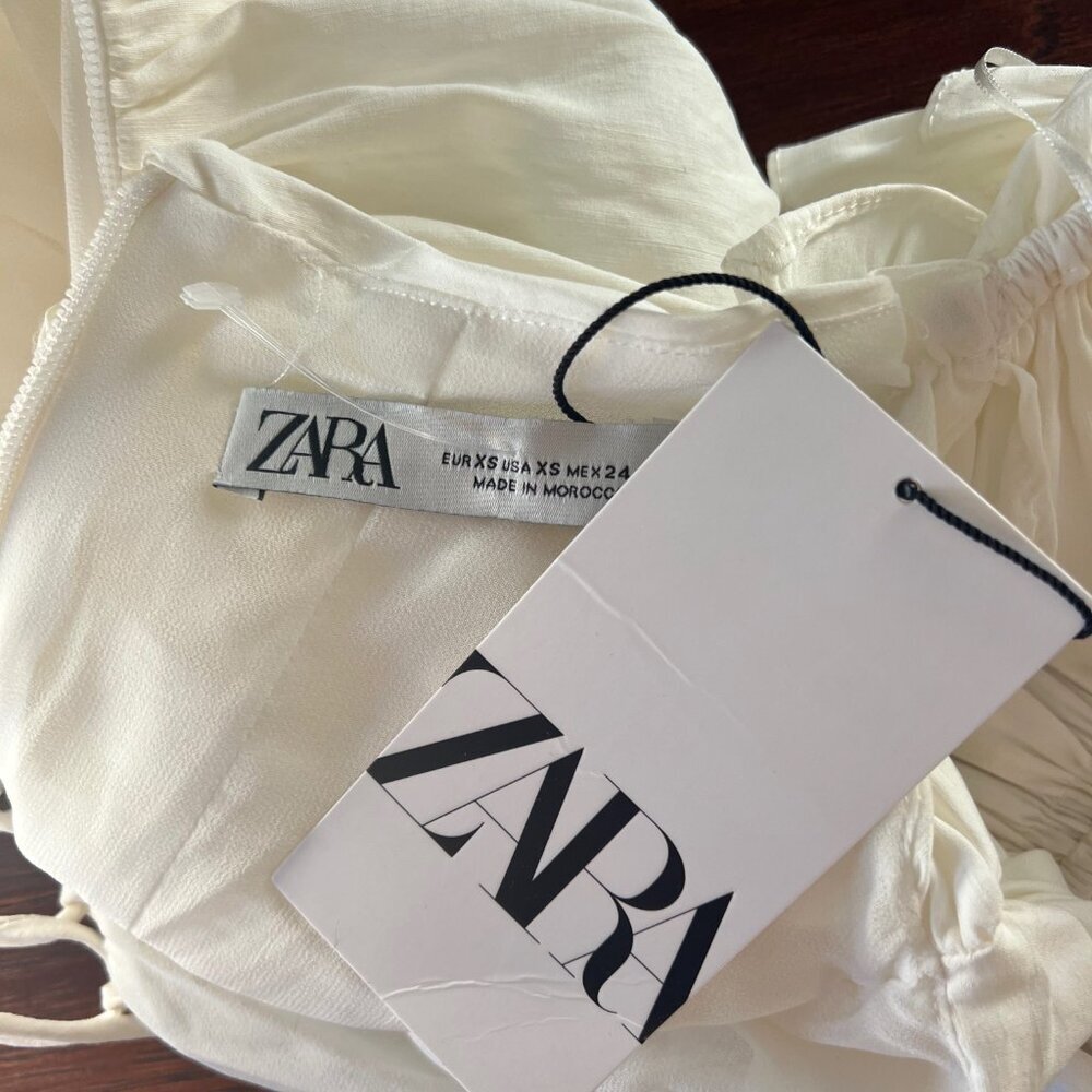 NWT Zara White Ruffle Sleeve Linen Blend Mini Ruched Dress Lace Up tie detail XS - Picture 15 of 15